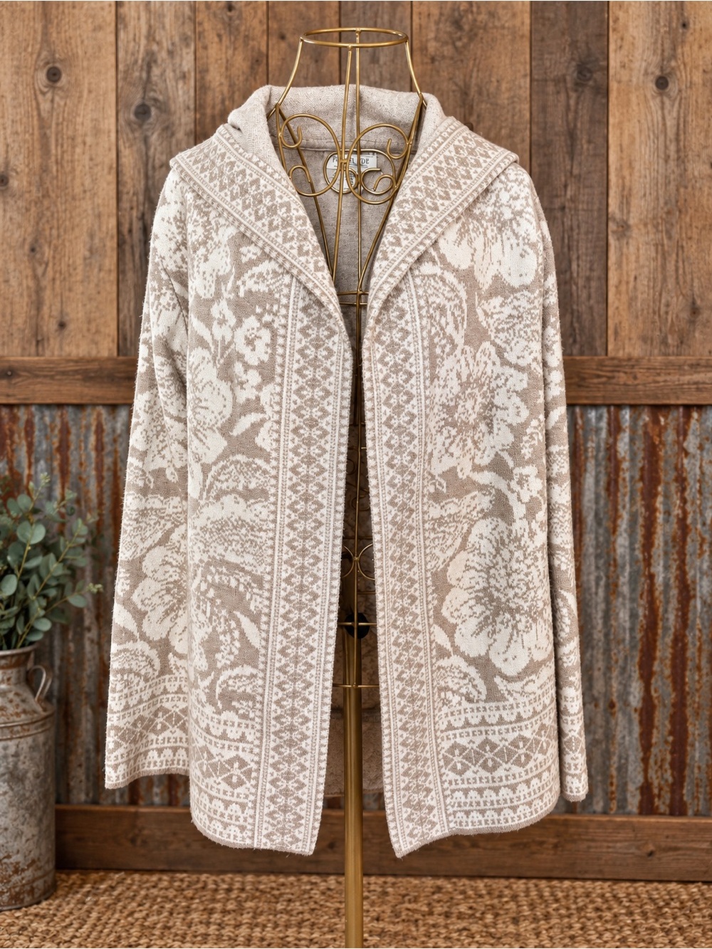 Rachel Zoe Beige Floral Hooded Cardigan Open Front Cozy Fall Sweater Weather